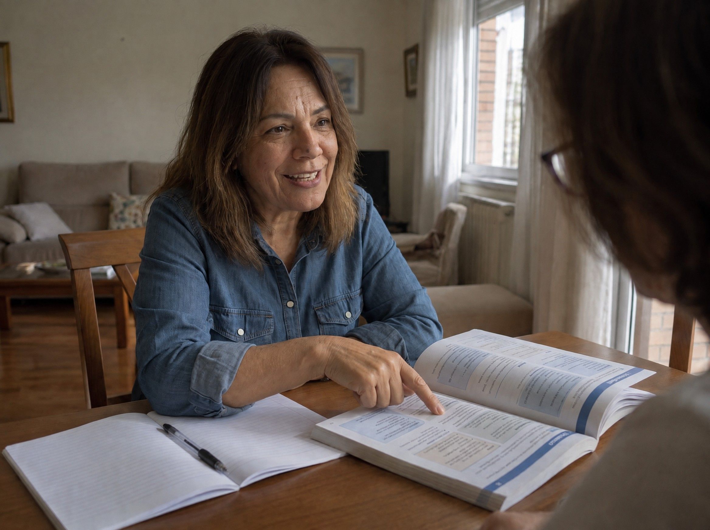 María giving an in-person Spanish lesson at a dining table, pointing at a grammar book for her student