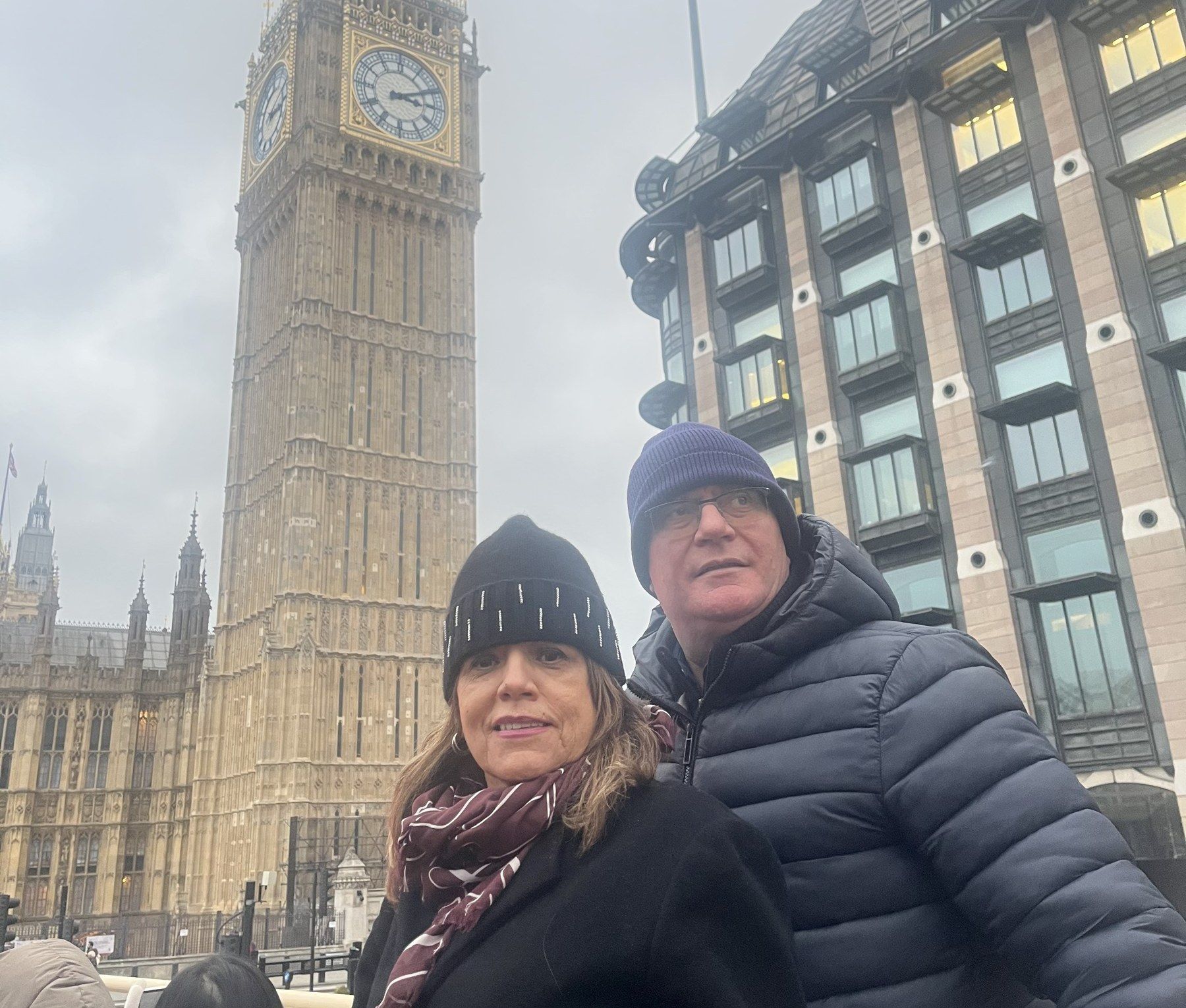 María and her husband in front of Big Ben in London
