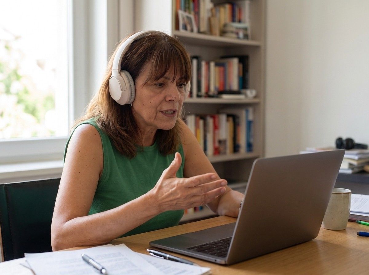María giving an online Spanish lesson on her laptop, wearing headphones